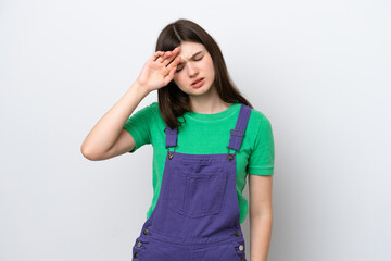 Young Russian woman isolated on blue background with tired and sick expression