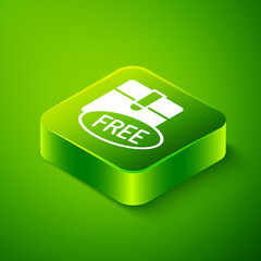 Isometric Cardboard box with free symbol icon isolated on green background. Box, package, parcel sign. Delivery, transportation and shipping. Green square button. Vector