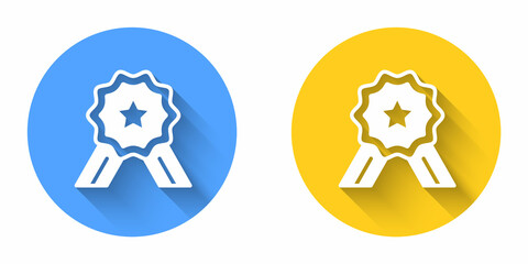 White Five stars customer product rating review icon isolated with long shadow background. Favorite, best rating, award symbol. Circle button. Vector