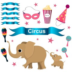 set of circus items with elephants.