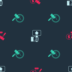 Set Auction hammer price, Hand holding auction paddle and on seamless pattern. Vector