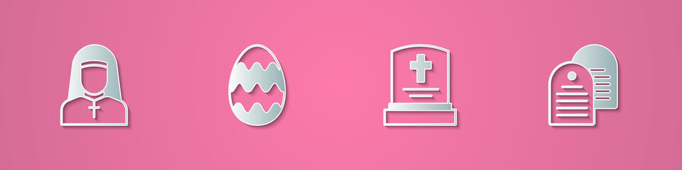 Set paper cut Nun, Easter egg, Grave with tombstone and Holy bible book icon. Paper art style. Vector