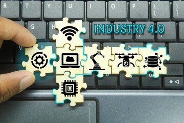 hexagon with technology items and the word Industry 4.0. Industry Infographics 4.0.