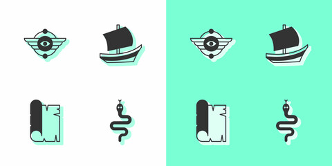 Set Snake, Egyptian symbol Winged sun, Papyrus scroll and ship icon. Vector