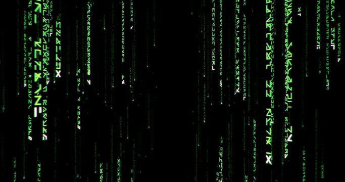 A 3d matrix effect animation with green random characters flying through