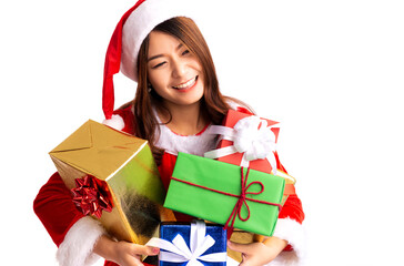 Woman portrait hold christmas gift. Cheerful santa girl with gift boxes on white background.