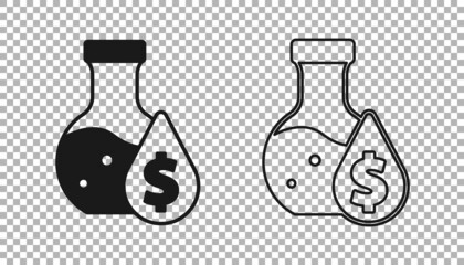 Black Oil petrol test tube icon isolated on transparent background. Cmemistry flask and falling drop. Vector