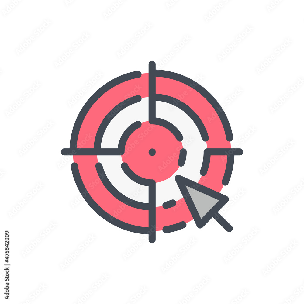 Poster target and goal search color line icon. target with click arrow vector outline colorful sign.