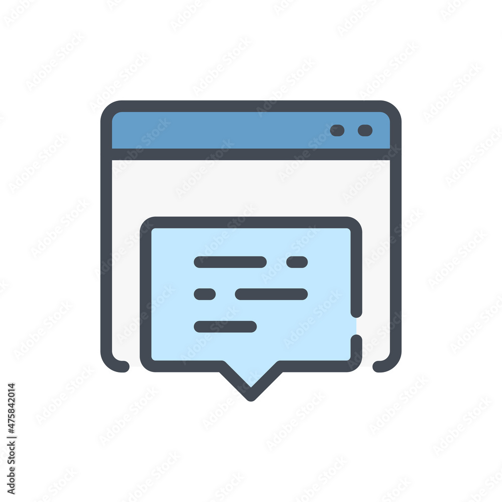 Fototapete Website message notification color line icon. Web page with pop up chat box vector outline colorful sign.
