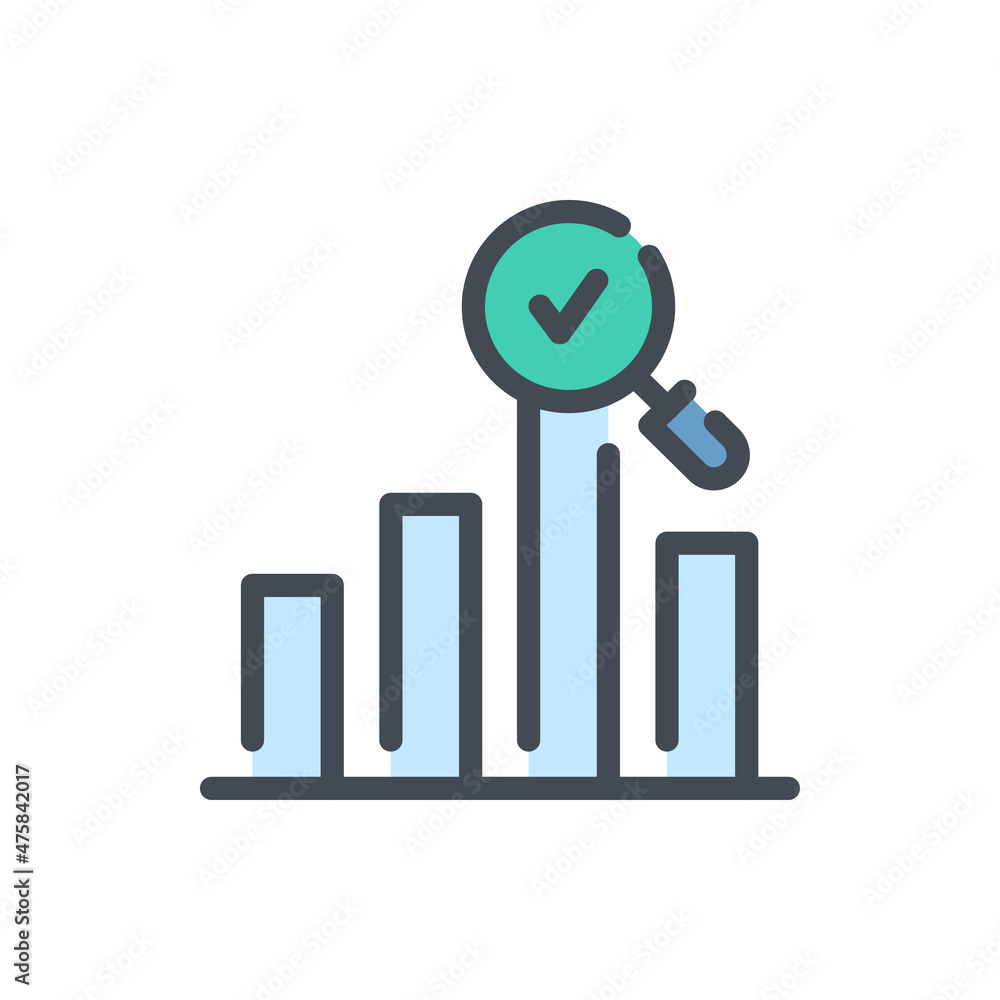 Poster analytical search and report color line icon. statistic graph and magnifier with check mark inside v