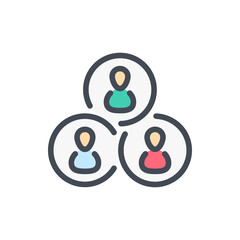 Community, Social network and Team cooperation color line icon. Circles with people inside vector outline colorful sign.