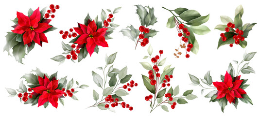 Set with Poinsettia, holly, winter berries in Christmas bouquet. Modern universal artistic templates. Corporate Holiday cards and invitations. Floral backgrounds design. Watercolor botanical - obrazy, fototapety, plakaty