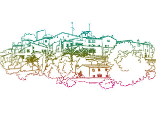Urban sketch with landscape of the old European city. Catalonia, Spain. Nice houses in hand drawn ink style. Colourful and black and white  vector illustration on white background.