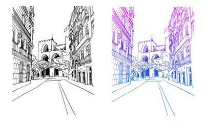 Nice view of old street. Valencia, Catalonia, Spain. Urban landscape. Urban sketch. Hand drawn ink style. Line art. Vector background on white.