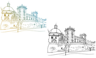 Beautiful view of old Valencia, Catalonia, Spain. Urban landscape. Urban sketch. Hand drawn ink style. Line art. Black and white and colorful Vector background on white. - 475842215