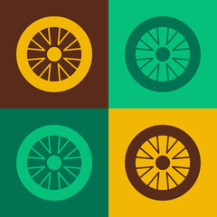 Pop art Alloy wheel for car icon isolated on color background. Vector