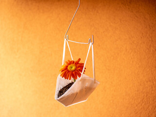 Flower planted in a used ffp2 mask, hung in front of an orange background