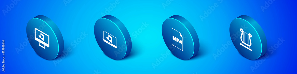 Poster set isometric computer with music note, mp4 file document, ancient greek lyre and laptop icon. vecto