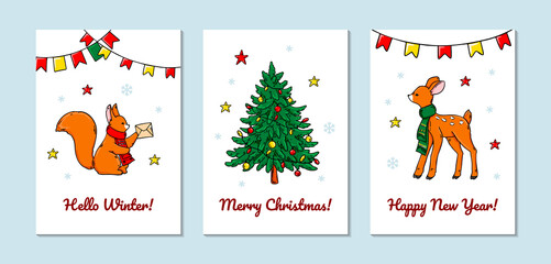 Set of vertical Merry Christmas and Happy New Year greeting cards with cute squirrel and fawn. Hand drawn vector illustration