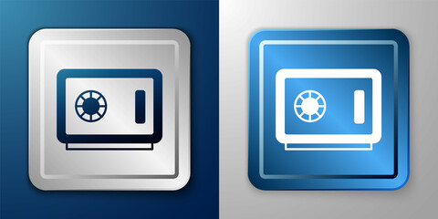 White Safe icon isolated on blue and grey background. The door safe a bank vault with a combination lock. Reliable Data Protection. Silver and blue square button. Vector