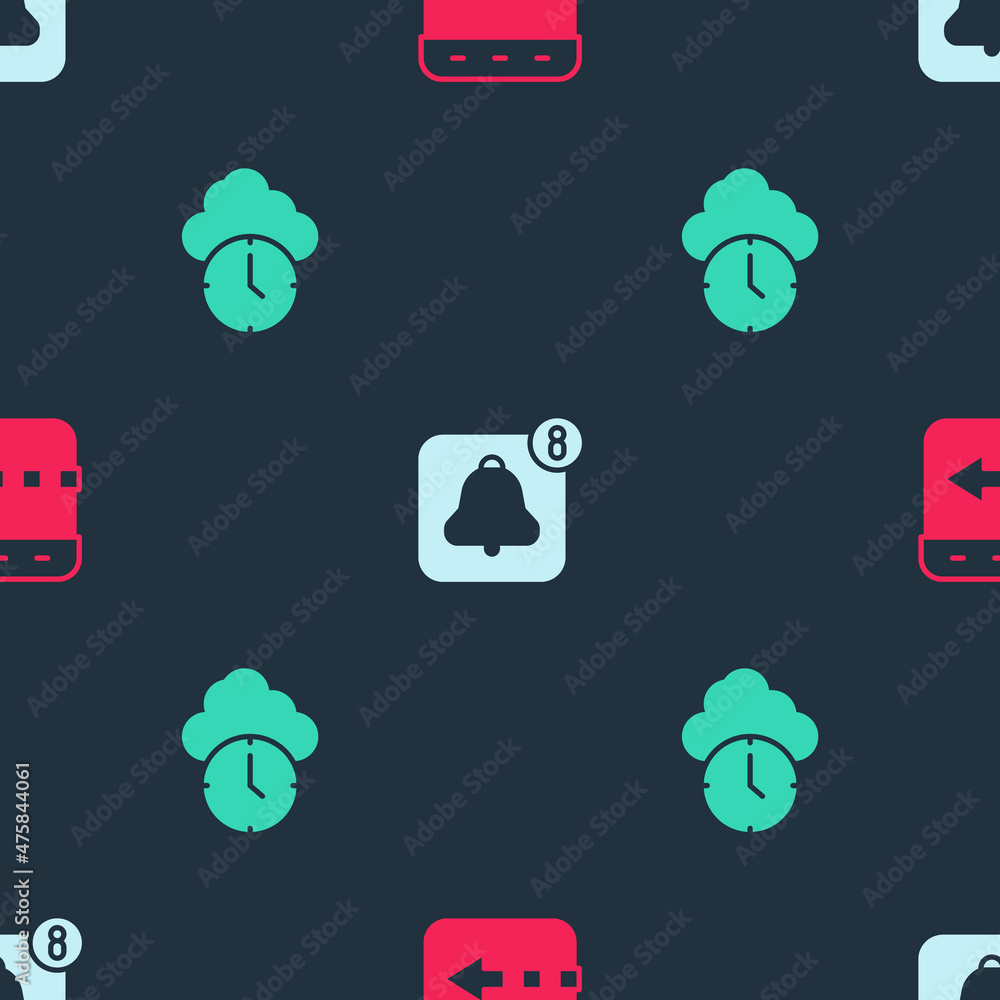 Poster set time flies on the clock, alarm app mobile and clock on seamless pattern. vector