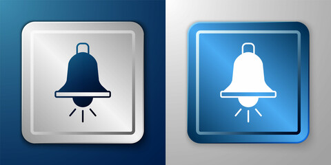 White Ringing alarm bell icon isolated on blue and grey background. Fire alarm system. Service bell, handbell sign, notification symbol. Silver and blue square button. Vector