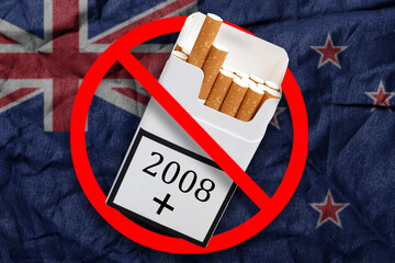 New Zealand: Reducing tobacco sale. pack of cigarettes against the background of the flag of New...