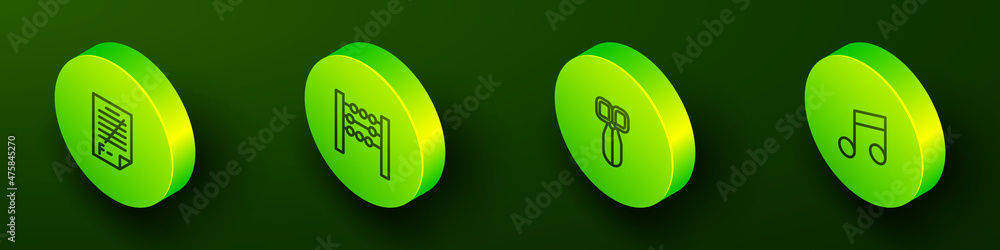 Poster set isometric line exam paper with incorrect answers, abacus, scissors and music note, tone icon. ve