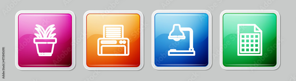 Poster set line plant in pot, printer, table lamp and file document. colorful square button. vector