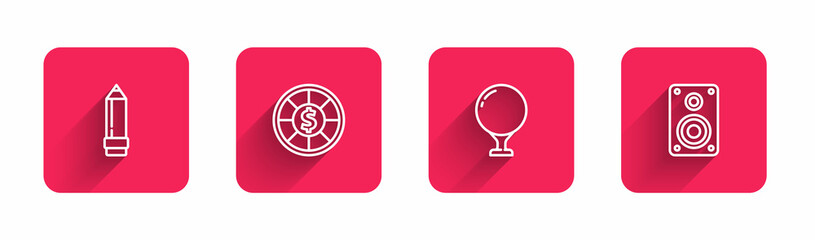 Set line Pencil with eraser, Casino chips, Golf ball on tee and Stereo speaker with long shadow. Red square button. Vector