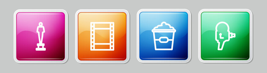Set line Movie trophy, Play Video, Popcorn in box and Retro cinema camera. Colorful square button. Vector