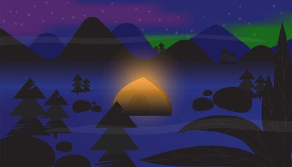 Beautiful night landscape with aurora or polar lights in sky and camp at dark with trees and mountain silhouette vector illustration.