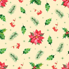 Seamless, watercolor, Christmas pattern for holiday packaging and clothing design, merry, cute, childrens new year pattern 