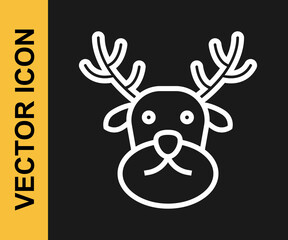 White line Reindeer icon isolated on black background. Merry Christmas and Happy New Year. Vector