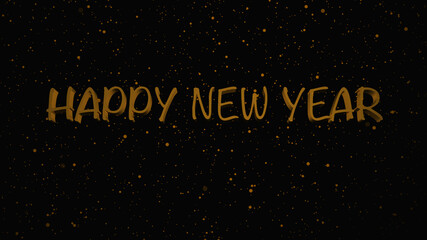 Happy New Year greeting text with gold particles on black background. Render. Celebration