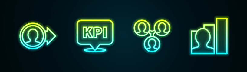 Set line Create account screen, Key performance indicator, Project team base and Productive human. Glowing neon icon. Vector