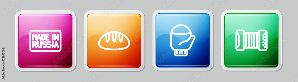 Poster set line made in russia, bread loaf, christmas mitten and accordion. colorful square button. vector