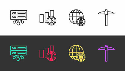 Set line Server, Pie chart infographic bitcoin, Globe Bitcoin and Pickaxe on black and white. Vector