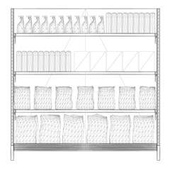 Shop rack wireframe with items from black lines isolated on white background. Bags, packaging, bottles. Front view. 3D. Vector illustration
