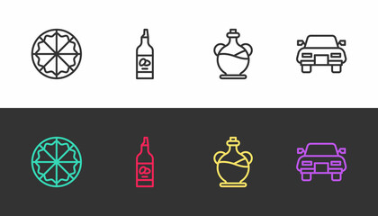 Set line Pizza, Bottle of olive oil, and Car on black and white. Vector