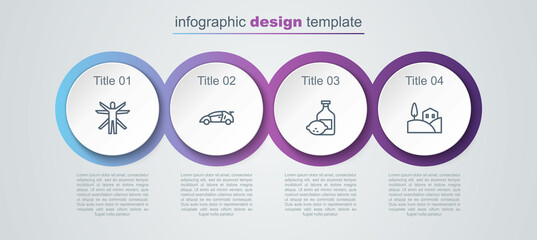Set line Vitruvian Man, Sport racing car, Limoncello bottle and Village landscape. Business infographic template. Vector