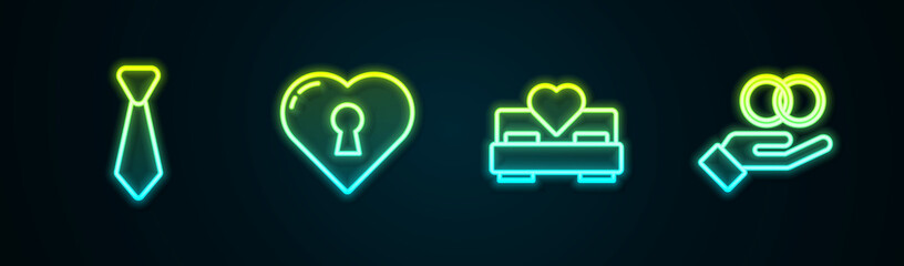 Set line Tie, Heart with keyhole, Bedroom and Wedding rings. Glowing neon icon. Vector