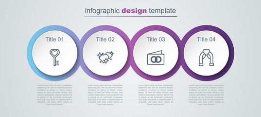 Set line Key in heart shape, Two Linked Hearts, Greeting card and Wedding arch. Business infographic template. Vector