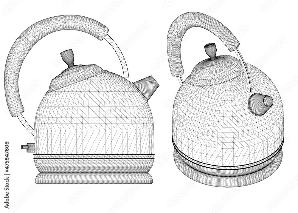 Poster set with teapot wireframes from black lines isolated on white background. side view, isometric. 3d. 