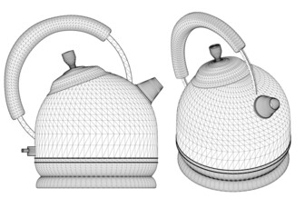 Set with teapot wireframes from black lines isolated on white background. Side view, isometric. 3D. Vector illustration