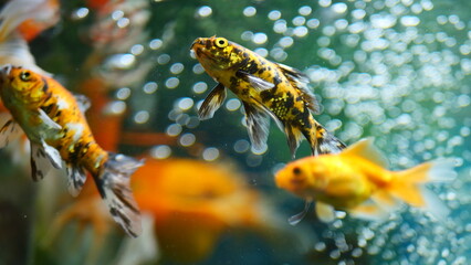 Beautifully colored goldfish swim in the clear aquarium water