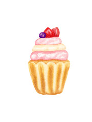 Watercolor cupcake, muffin with cream in three layers. Sponge cake with strawberries and blueberries. Homemade baking. Hand drawing. Isolated on white background.