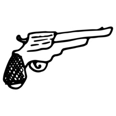 Obraz premium revolver icon. Vintage vector illustration in doodle style vintage gun with an isolated line of black ink.