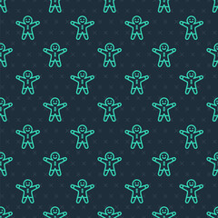 Obraz premium Green line Holiday gingerbread man cookie icon isolated seamless pattern on blue background. Cookie in shape of man with icing. Vector