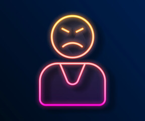 Glowing neon line Angry customer icon isolated on black background. Vector